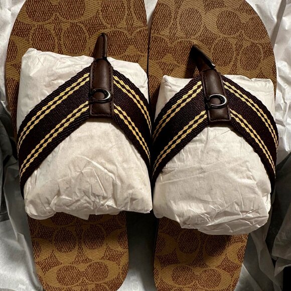 Coach Men's Webbing Flip Flop Tan Signature (8) - Picture 1 of 2